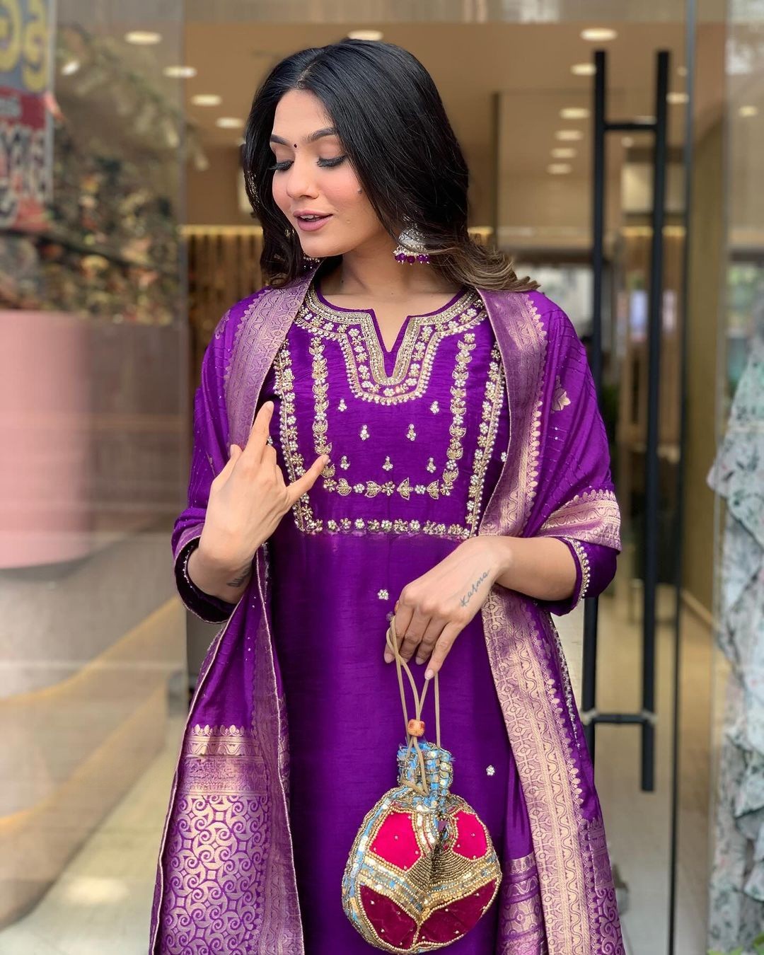 Purple Embroidered Jacquard Kurta Set with Heavy Dupatta