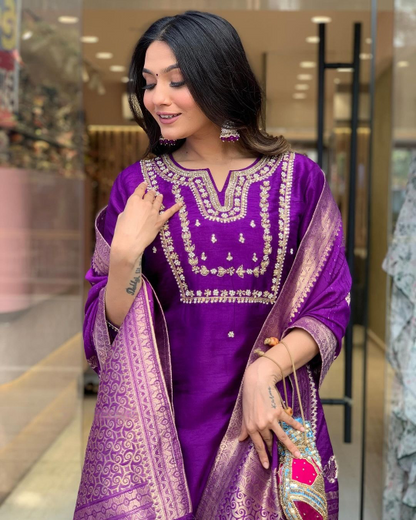 Purple Embroidered Jacquard Kurta Set with Heavy Dupatta