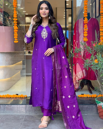 Purple Kurta Set with Bottom and Beautiful Dupatta