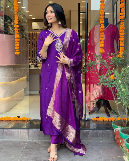 Purple Kurta Set with Bottom and Beautiful Dupatta