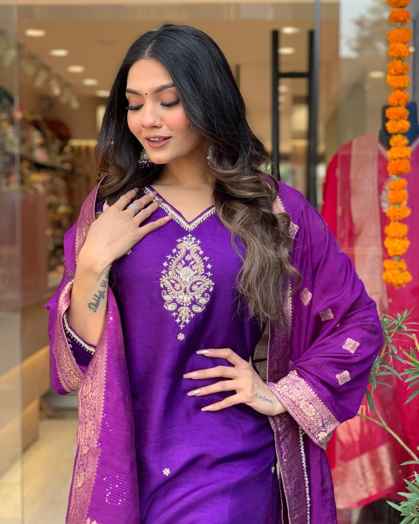 Purple Kurta Set with Bottom and Beautiful Dupatta