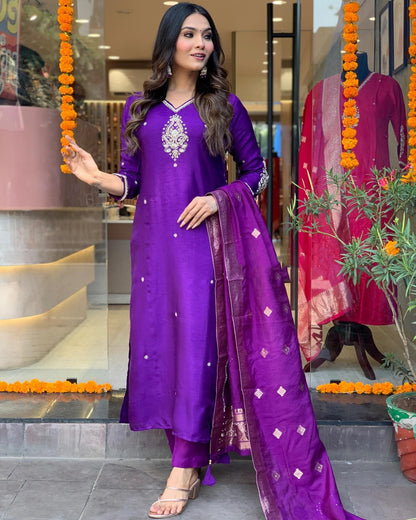 Purple Kurta Set with Bottom and Beautiful Dupatta