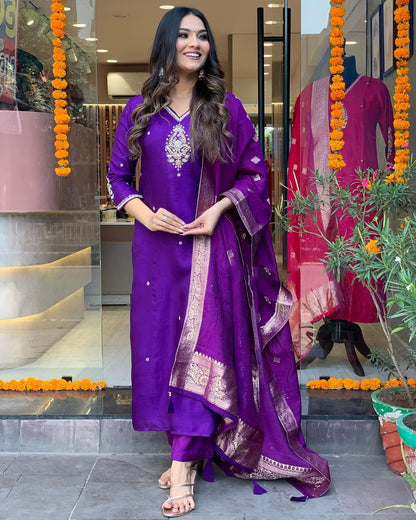 Purple Kurta Set with Bottom and Beautiful Dupatta