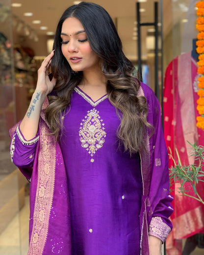 Purple Kurta Set with Bottom and Beautiful Dupatta