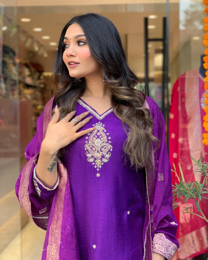 Purple Kurta Set with Bottom and Beautiful Dupatta