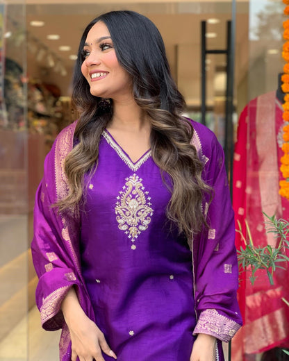 Purple Kurta Set with Bottom and Beautiful Dupatta