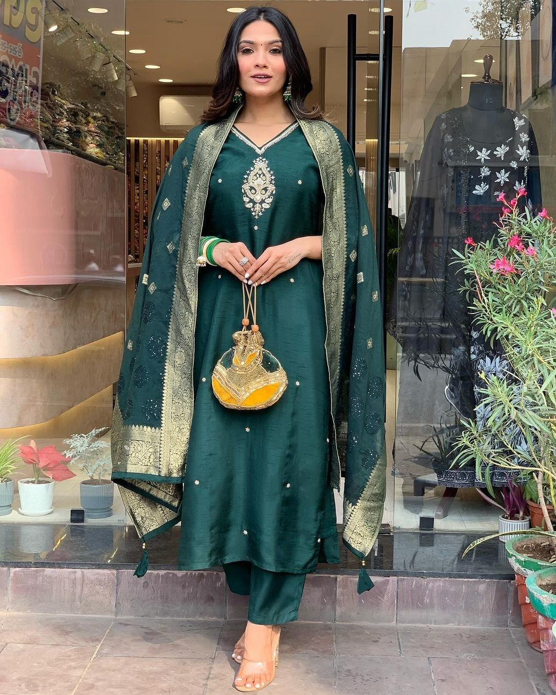 Green Kurta Set with Bottom and Beautiful Dupatta