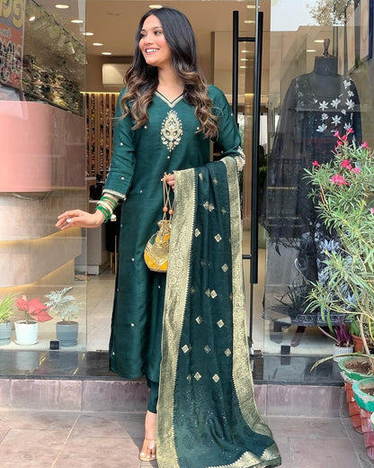 Green Kurta Set with Bottom and Beautiful Dupatta