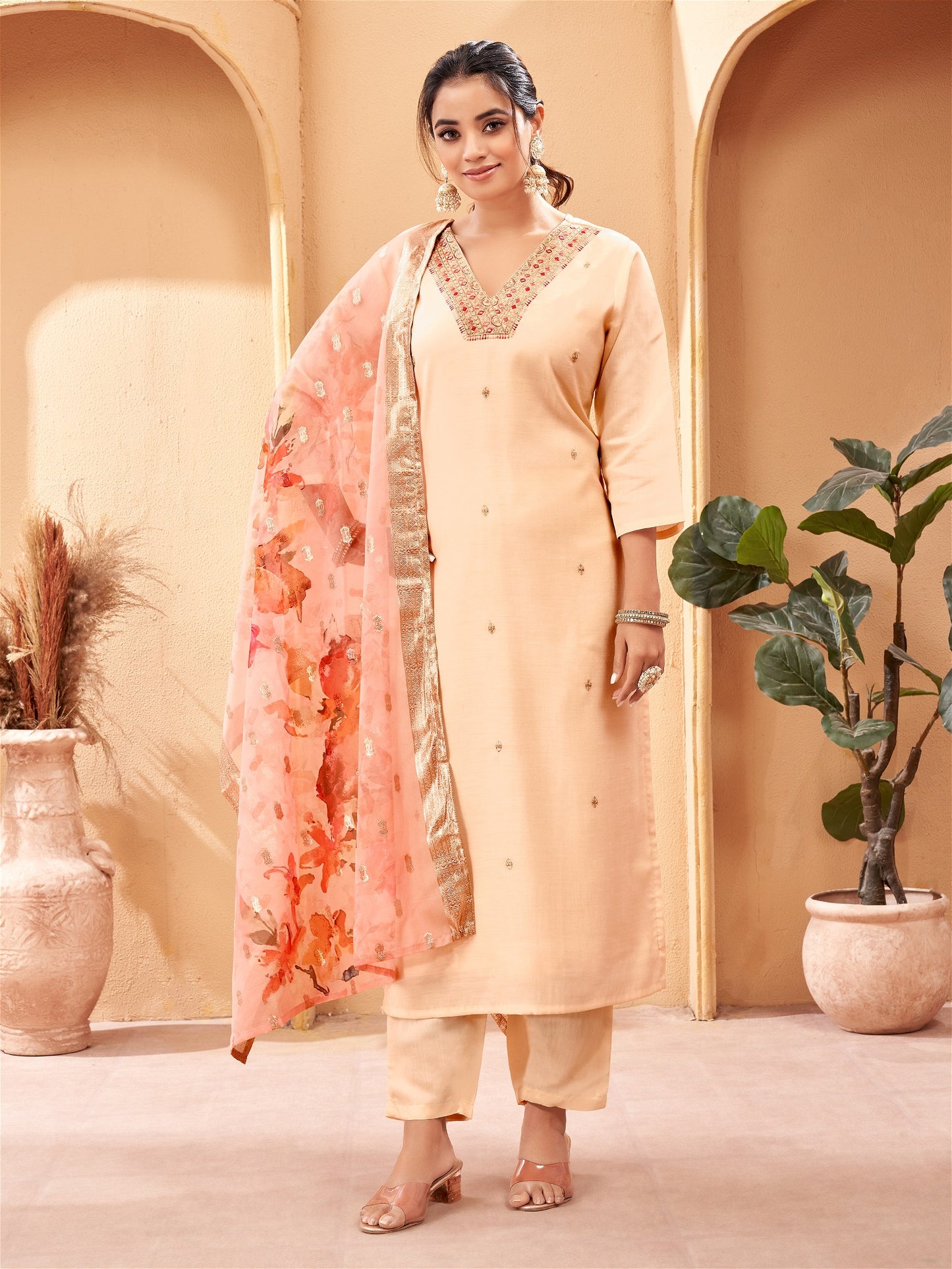 Designer Kurta Set with Pants and Floral Dupatta