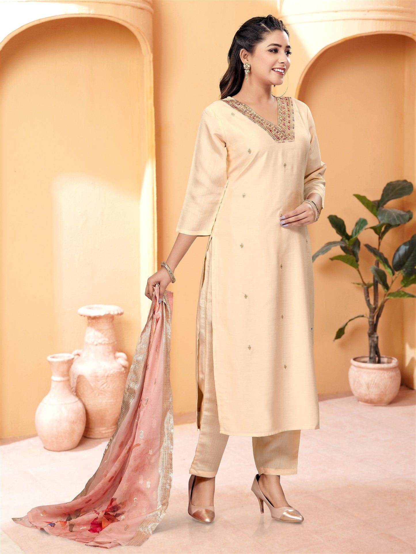 Designer Kurta Set with Pants and Floral Dupatta