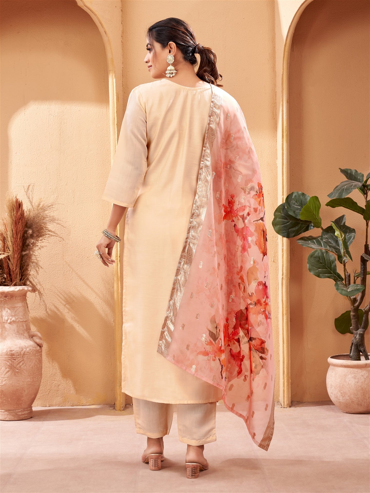 Designer Kurta Set with Pants and Floral Dupatta