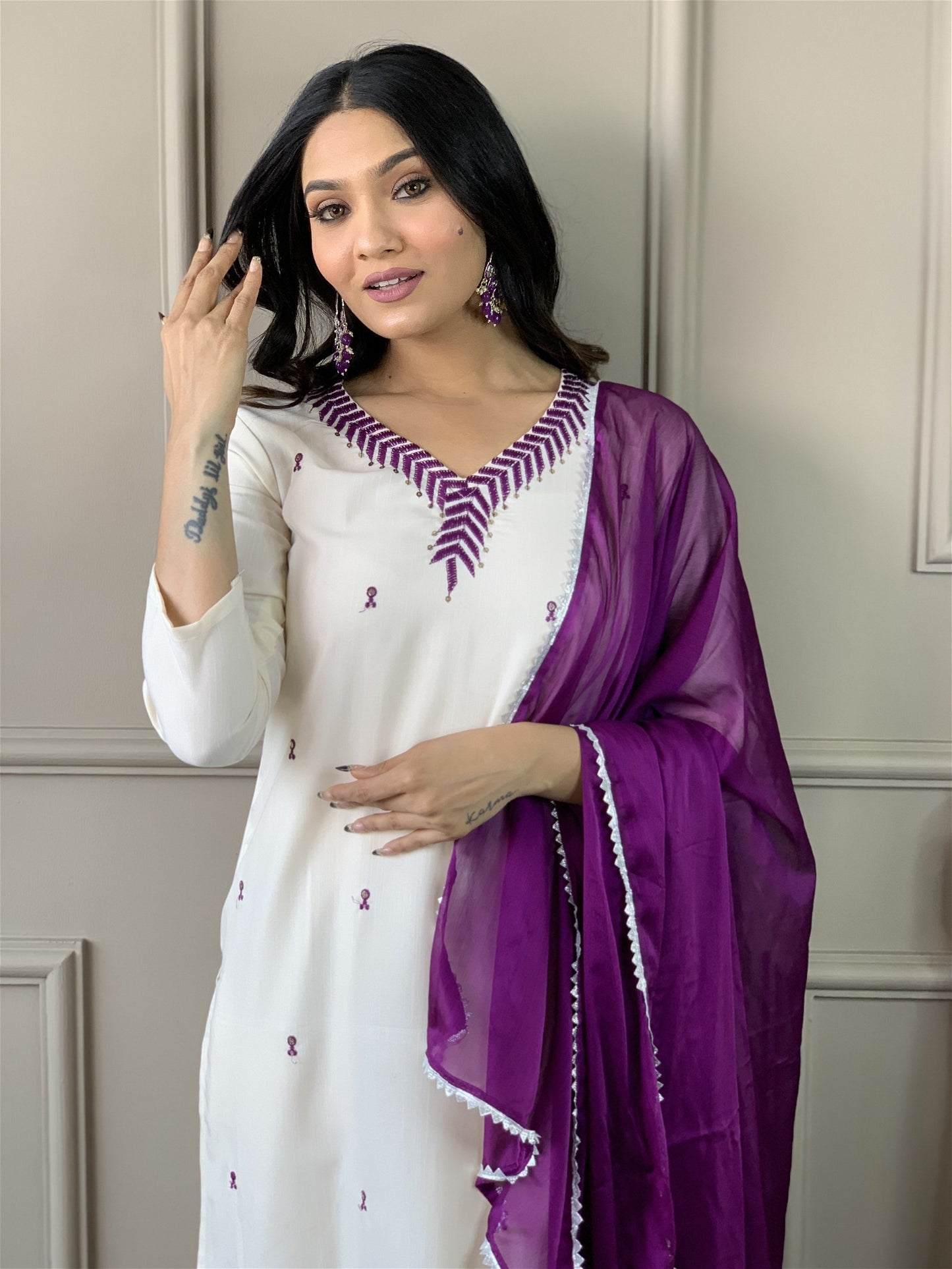 Designer Kurta Set with Pants and Plain Dupatta