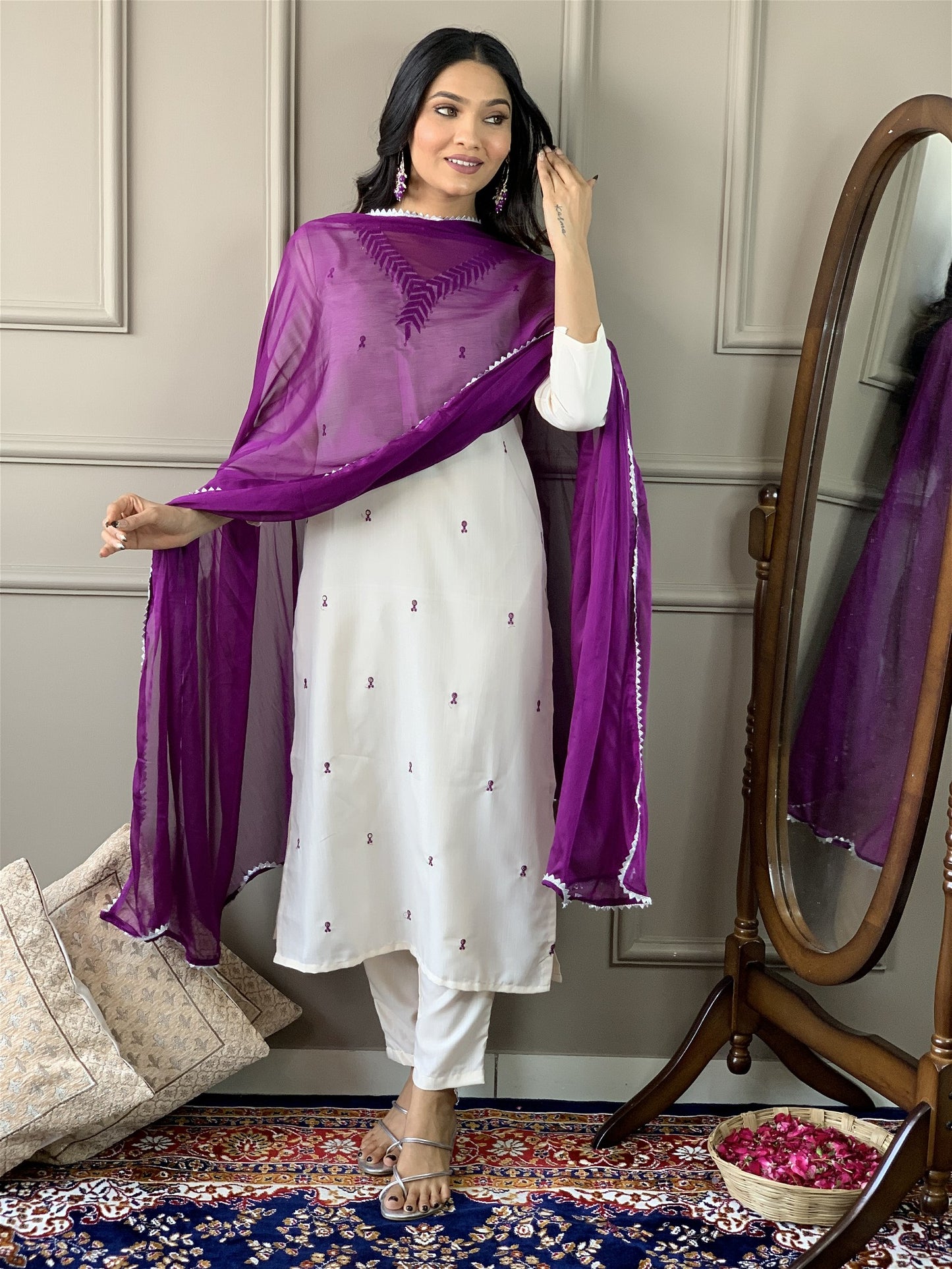 Designer Kurta Set with Pants and Plain Dupatta