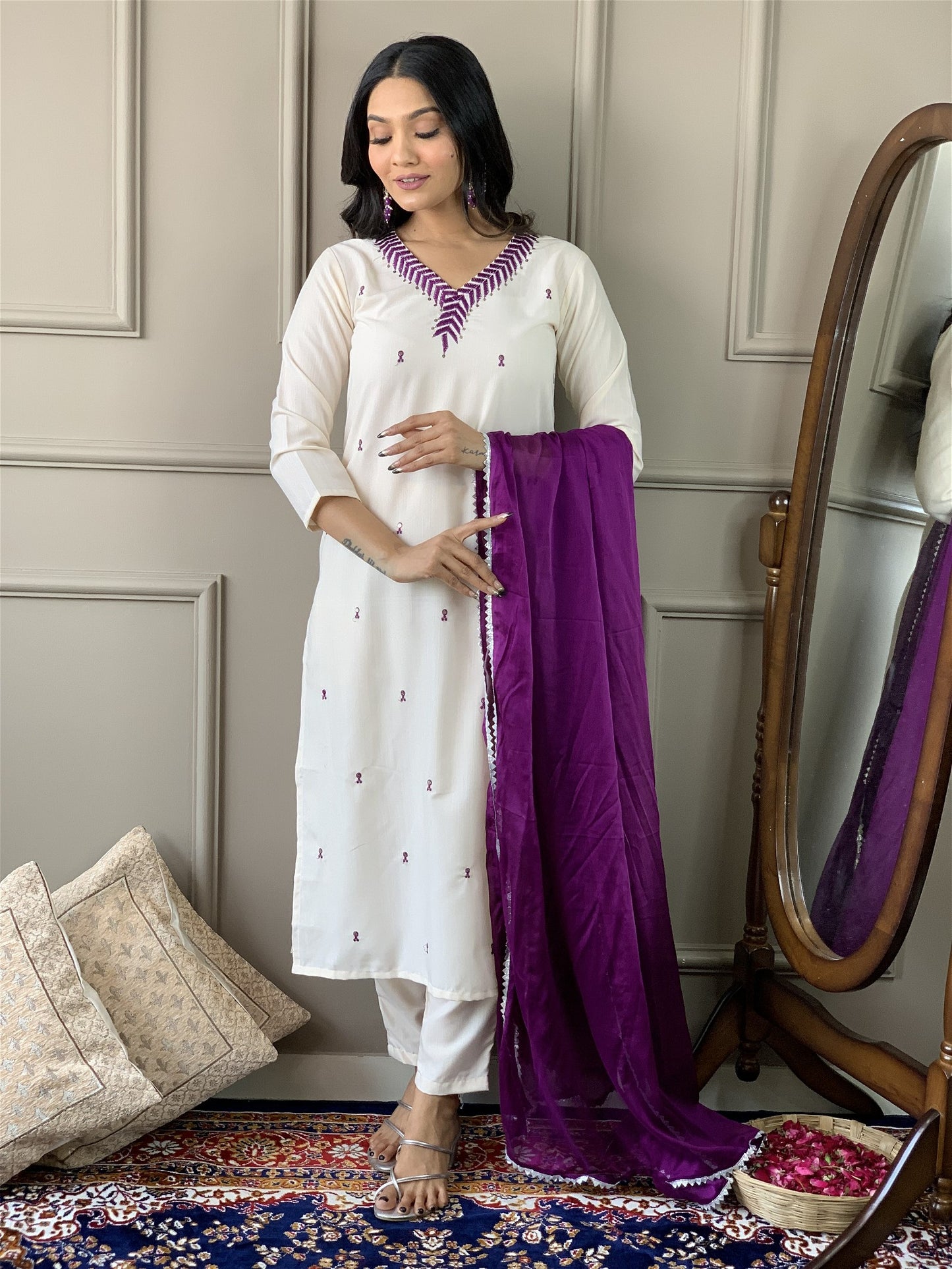 Designer Kurta Set with Pants and Plain Dupatta