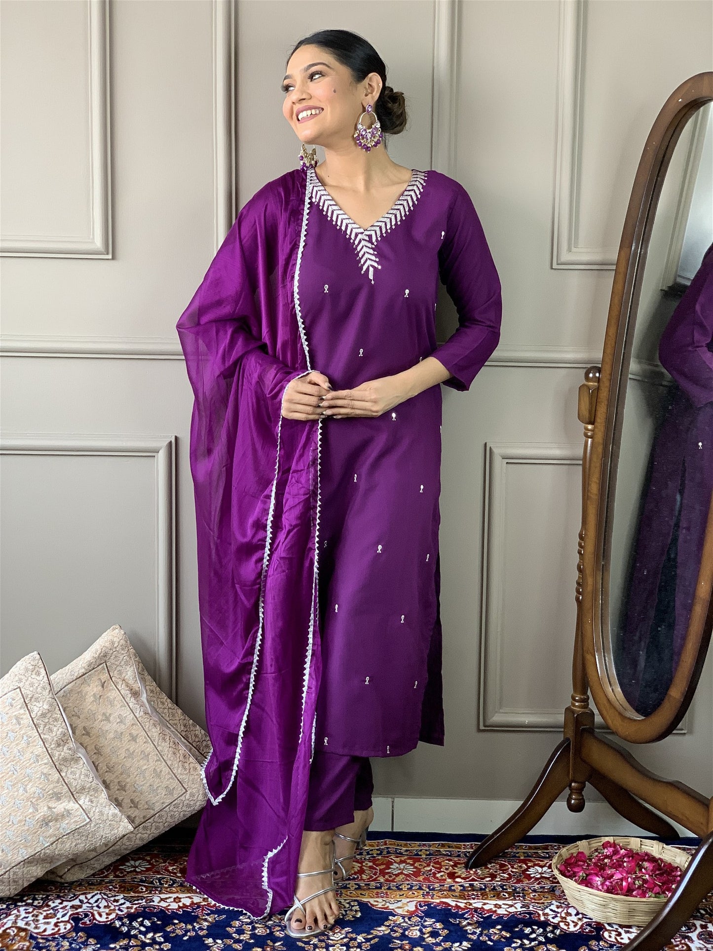 Designer Kurta Set with Pants and Plain Dupatta