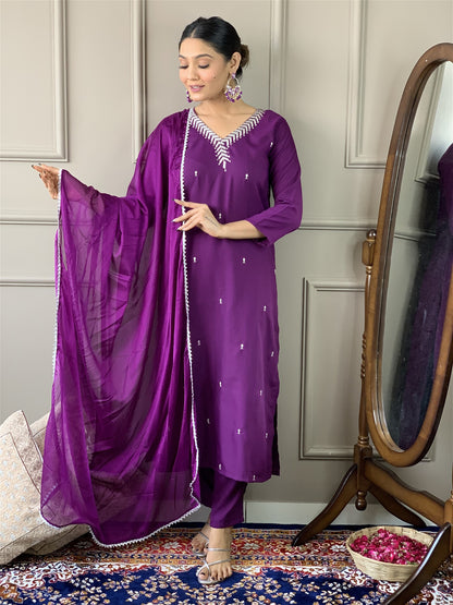 Designer Kurta Set with Pants and Plain Dupatta