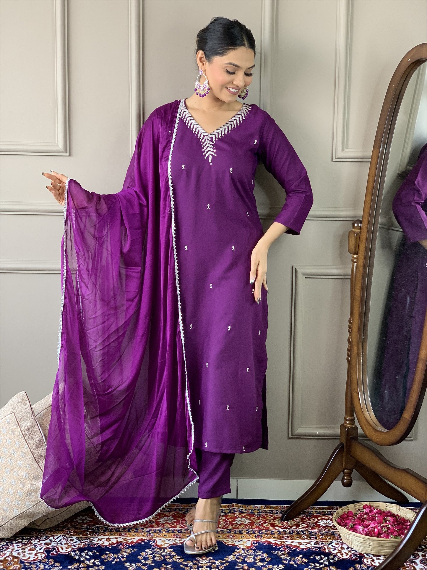 Designer Kurta Set with Pants and Plain Dupatta