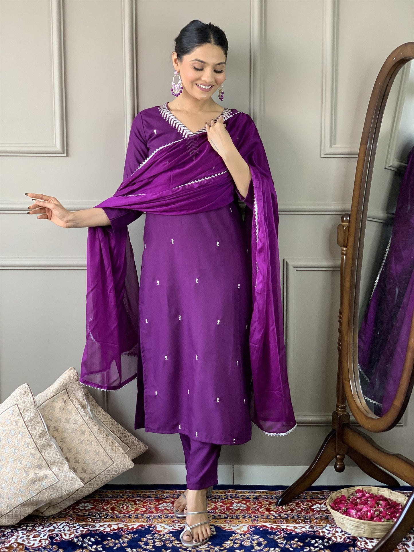 Designer Kurta Set with Pants and Plain Dupatta