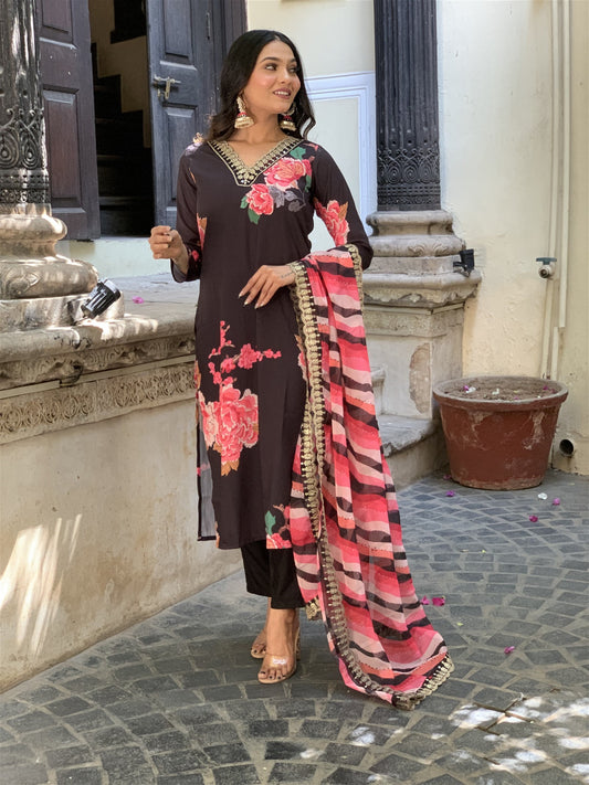 Designer Floral Kurta Set with Bottom and Dupatta