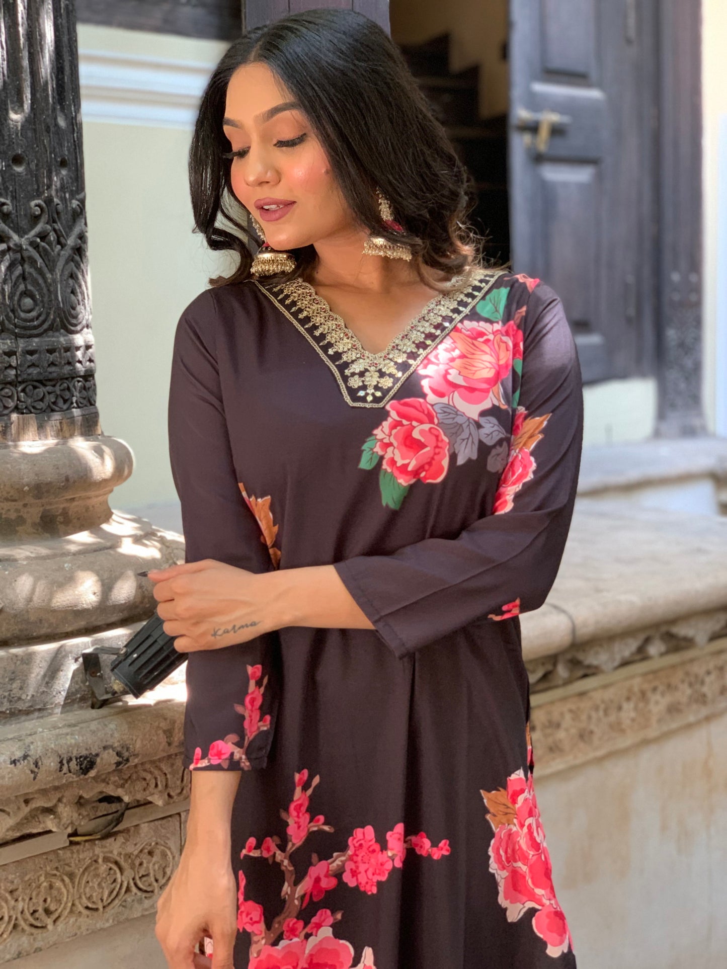 Designer Floral Kurta Set with Bottom and Dupatta