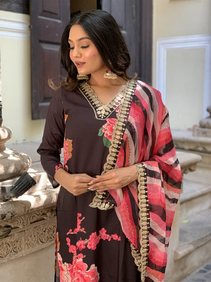 Designer Floral Kurta Set with Bottom and Dupatta