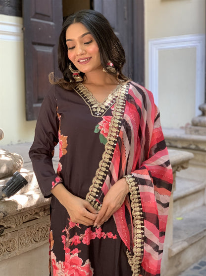 Designer Floral Kurta Set with Bottom and Dupatta