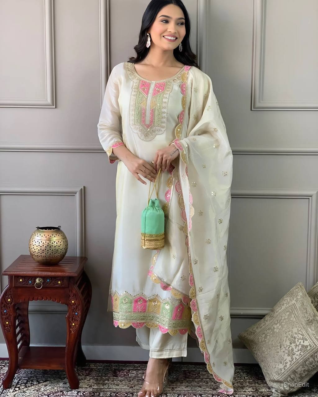 Cream Embroidered Kurta Set with Silk Dupatta