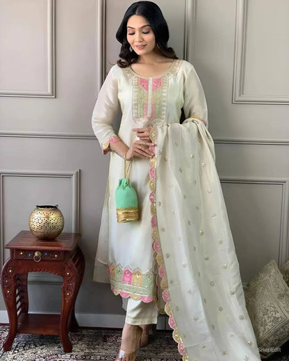 Cream Embroidered Kurta Set with Silk Dupatta