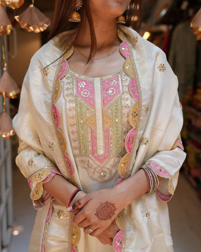 Cream Embroidered Kurta Set with Silk Dupatta