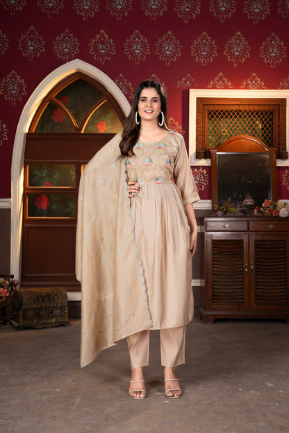 Beige Embroidered Kurta Set with Dupatta