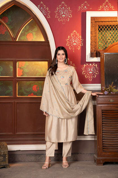 Beige Embroidered Kurta Set with Dupatta