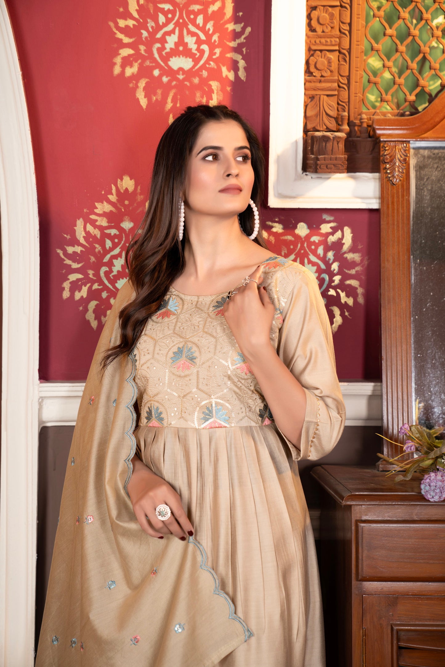 Beige Embroidered Kurta Set with Dupatta