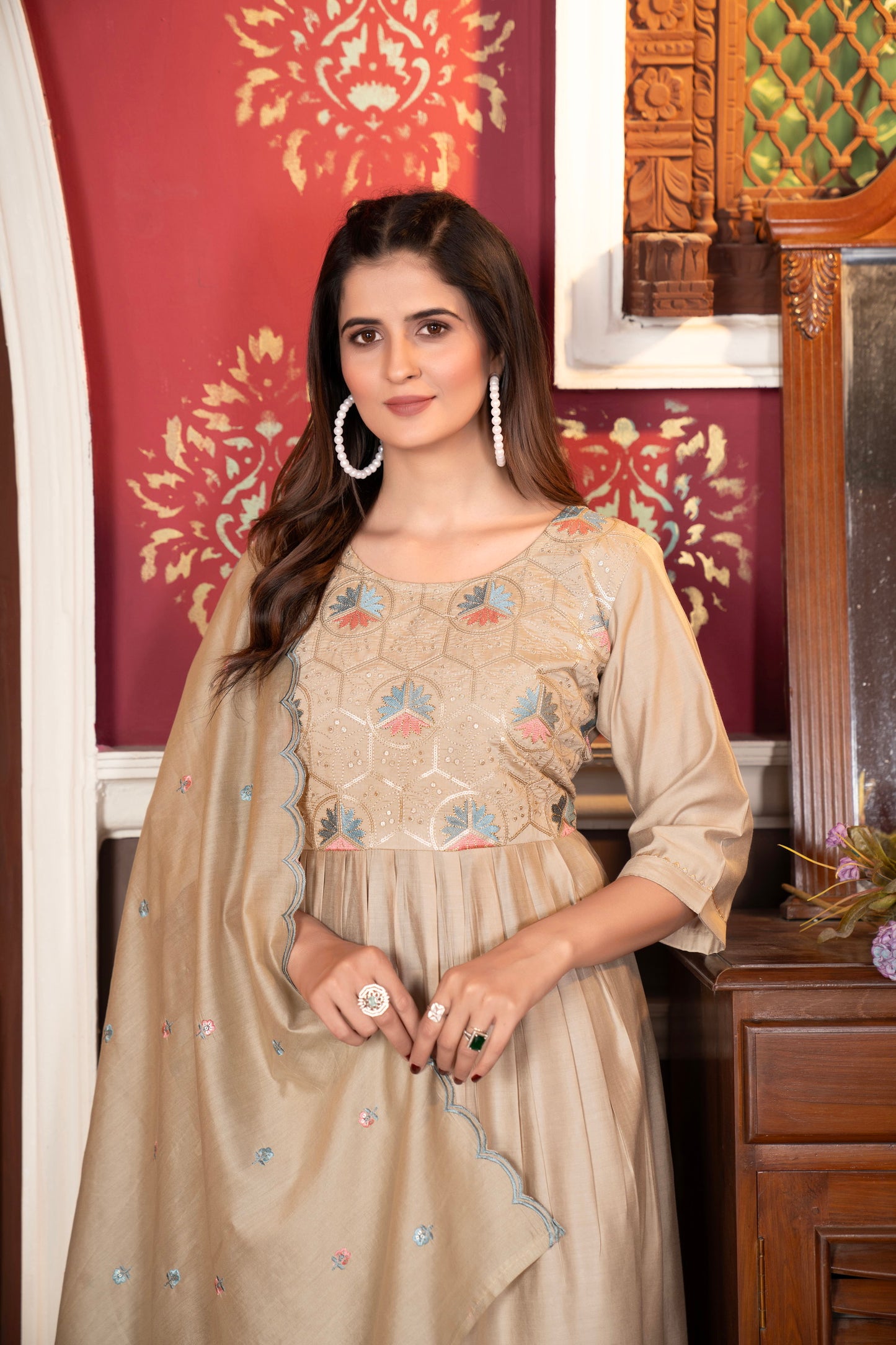 Beige Embroidered Kurta Set with Dupatta