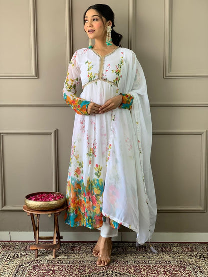 Alia Pattern Floral Kurta Set with Border Dupatta