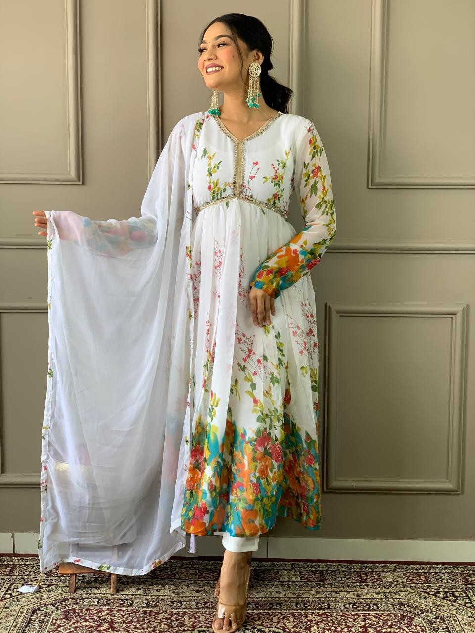 Alia Pattern Floral Kurta Set with Border Dupatta