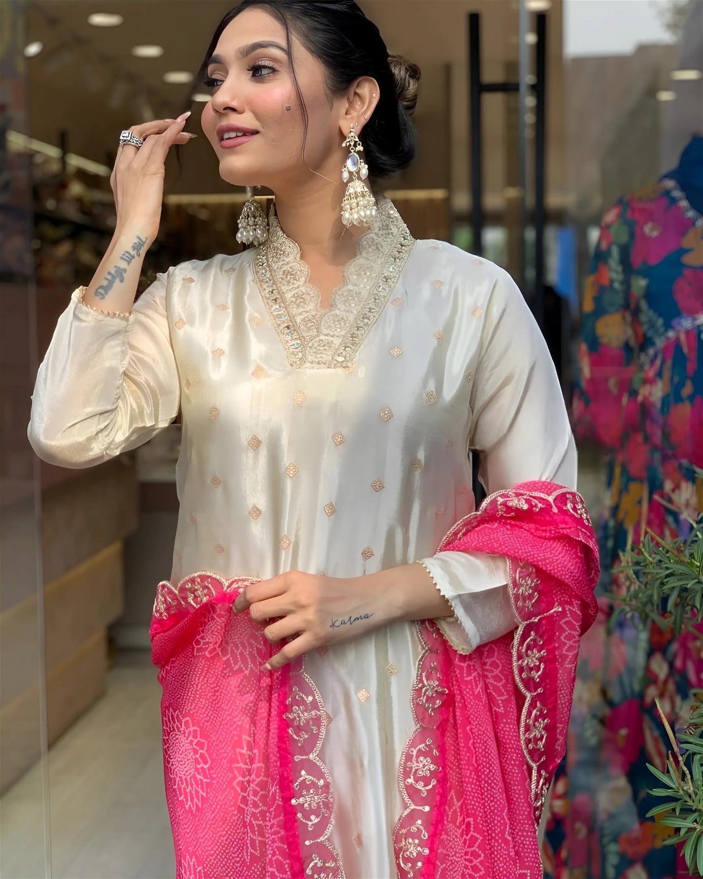 Cream Pure Viscose Jacquard Kurta With Trousers and Dupatta