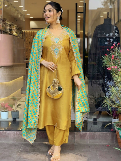 Mustard Kurta Set with Cut Work Silk Dupatta