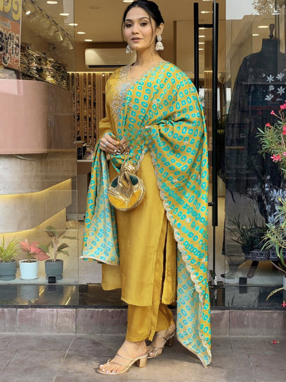 Mustard Kurta Set with Cut Work Silk Dupatta