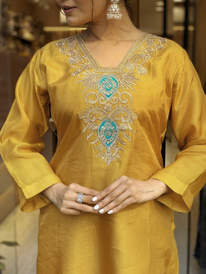 Mustard Kurta Set with Cut Work Silk Dupatta