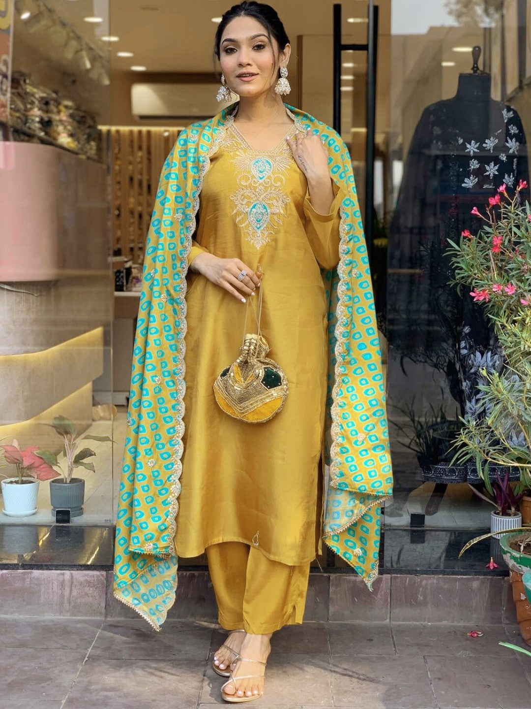 Mustard Kurta Set with Cut Work Silk Dupatta