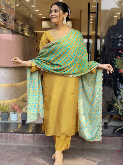 Mustard Kurta Set with Cut Work Silk Dupatta