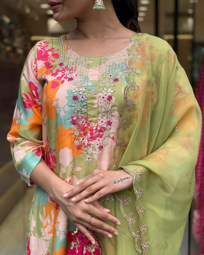 Multicolour Floral Embroidery Kurta Set with Dupatta