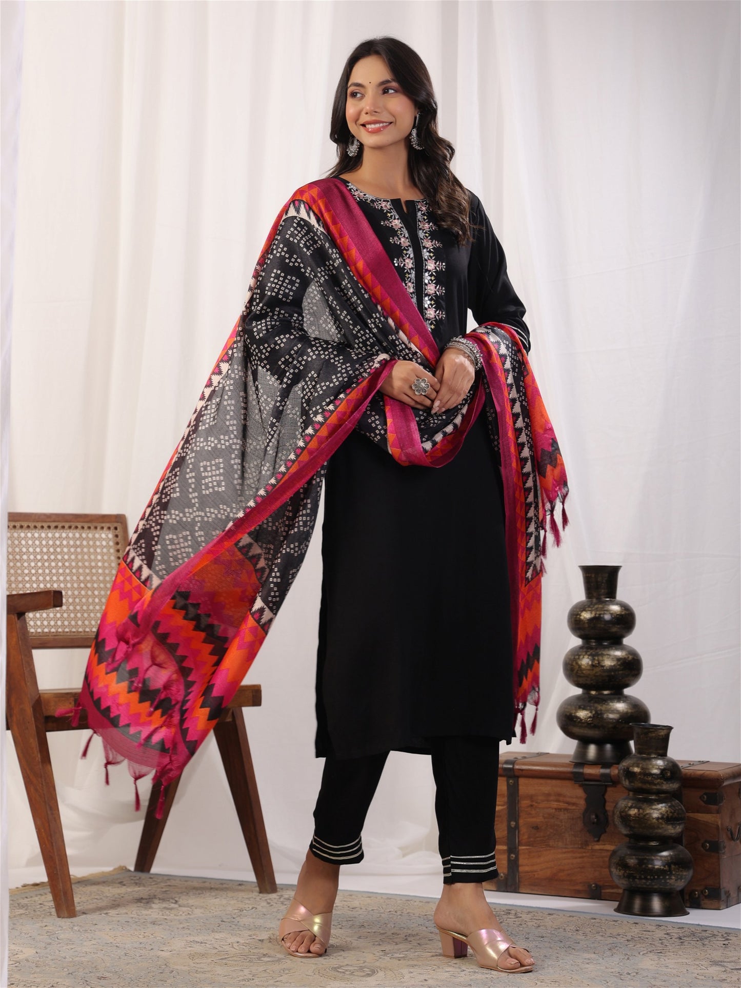 Black Embordered Rayon Kurta Set with Dupatta