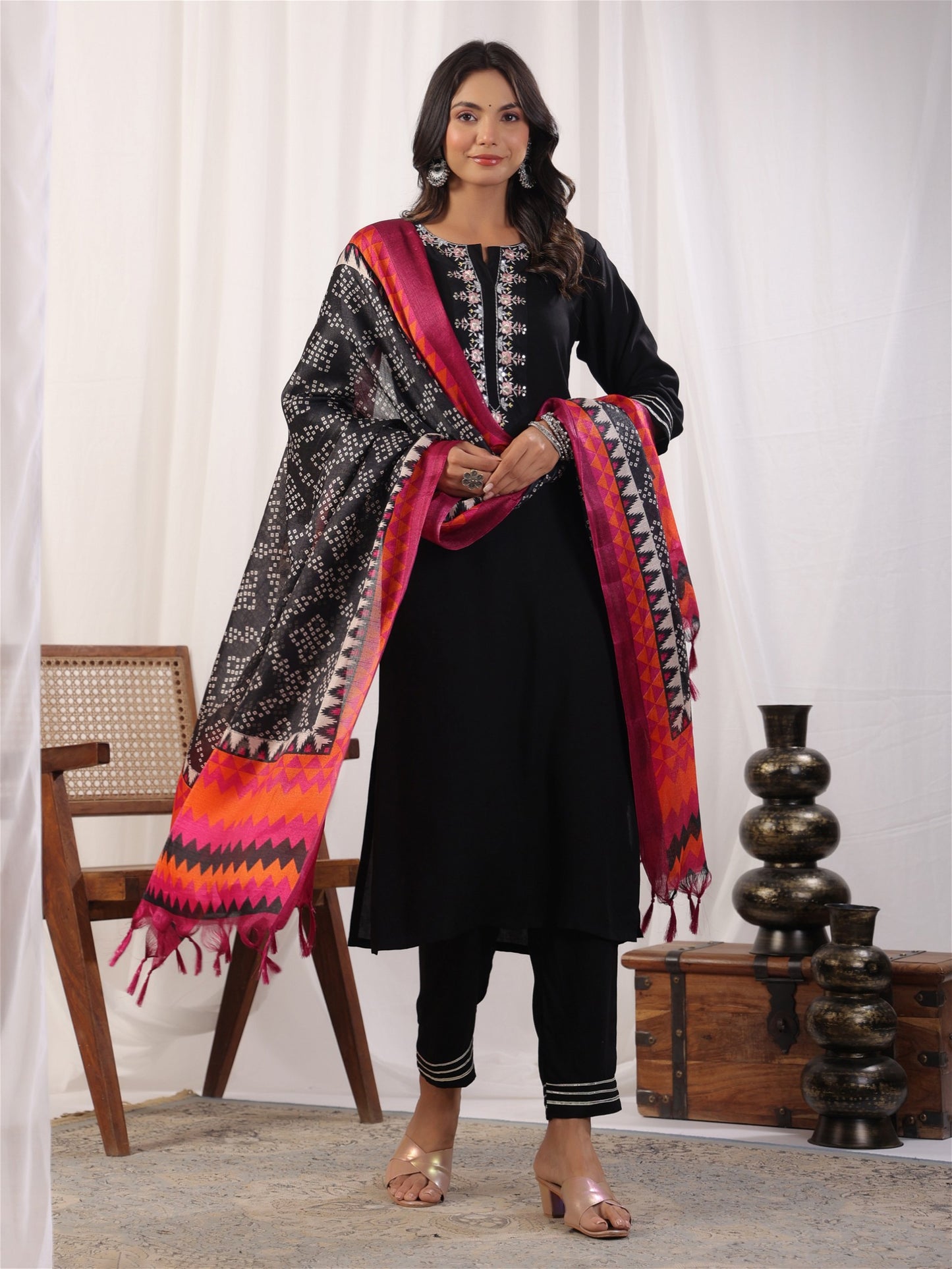 Black Embordered Rayon Kurta Set with Dupatta