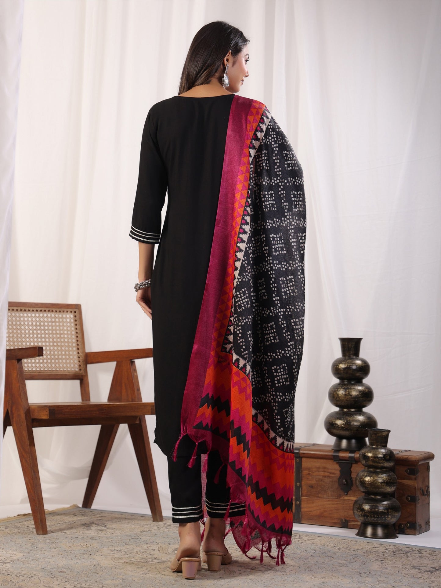 Black Embordered Rayon Kurta Set with Dupatta