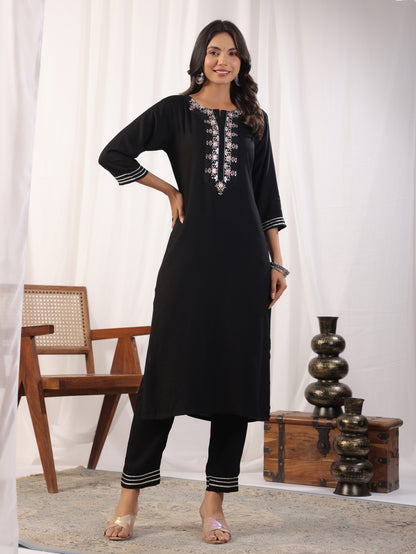 Black Embordered Rayon Kurta Set with Dupatta