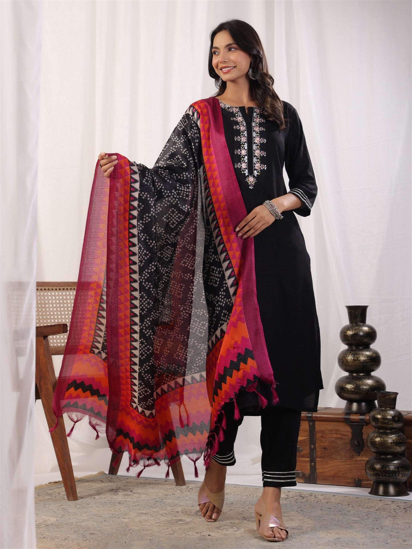 Black Embordered Rayon Kurta Set with Dupatta