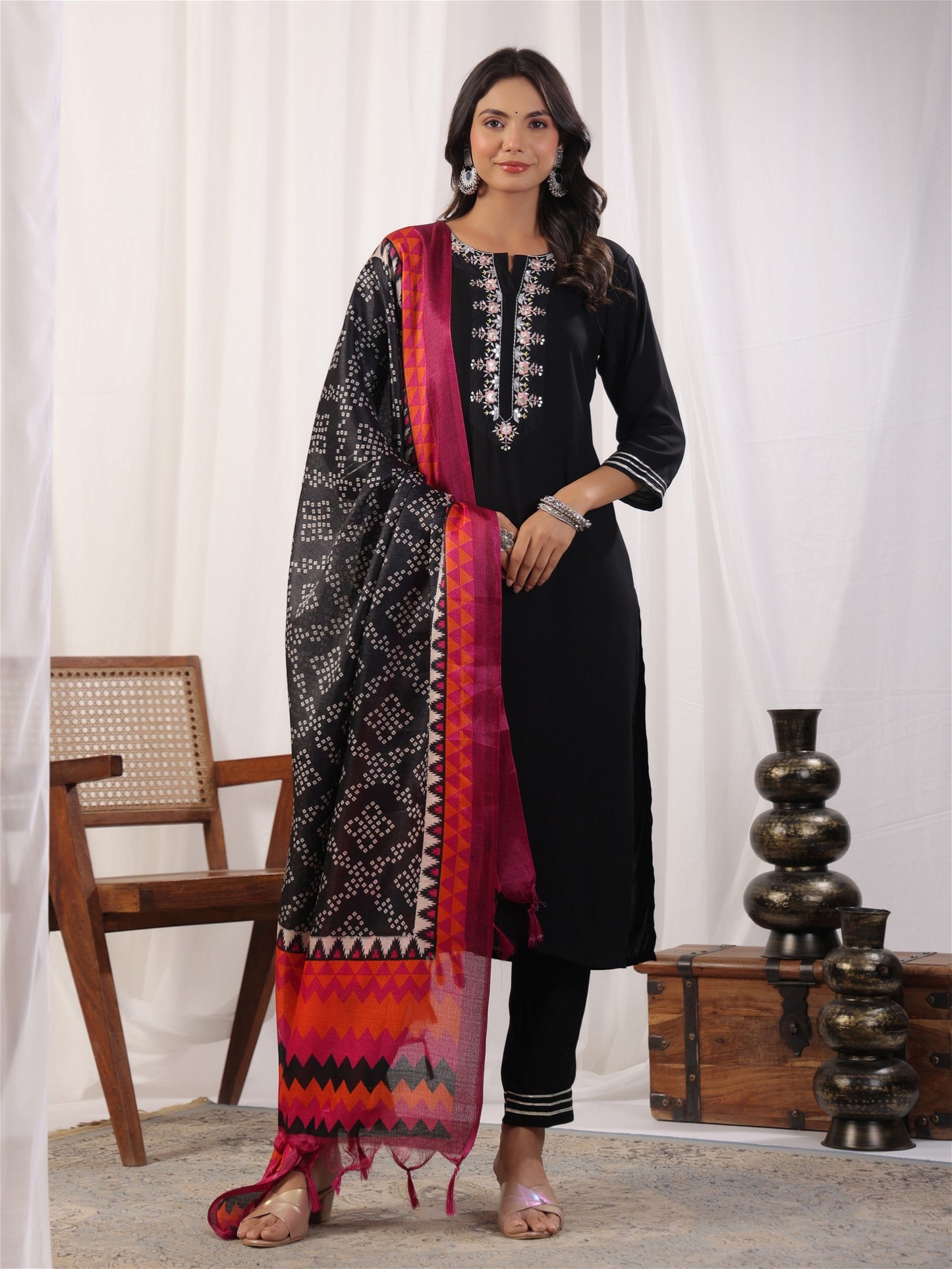 Black Embordered Rayon Kurta Set with Dupatta