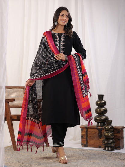 Black Embordered Rayon Kurta Set with Dupatta