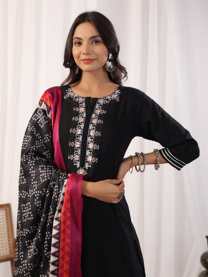 Black Embordered Rayon Kurta Set with Dupatta